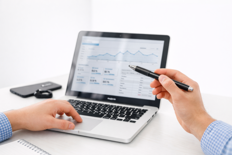 Hand holding a pen pointing at laptop screen showing Google Ads analytics dashboard