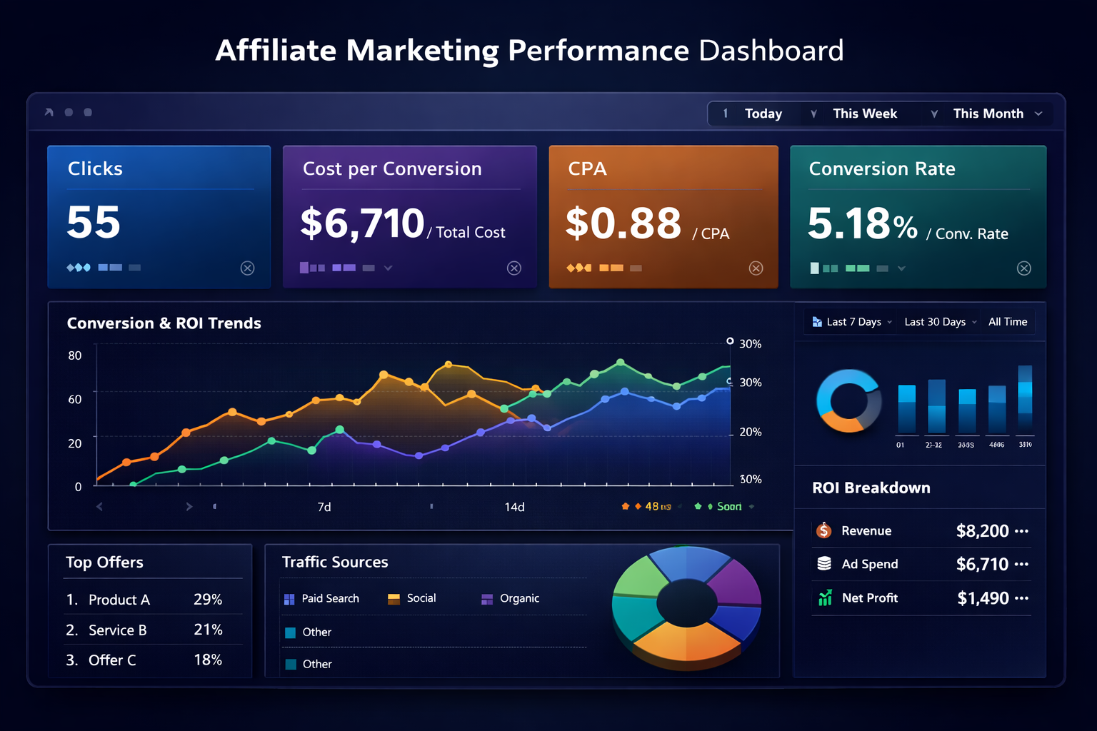 Affiliate Marketing Performance Dashboard showing clicks, CPA, conversion rate, and ROI metrics in a dark blue interface.