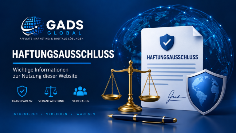 Haftungsausschluss von GADS Global mit Dokument, Waage und Schutzschild