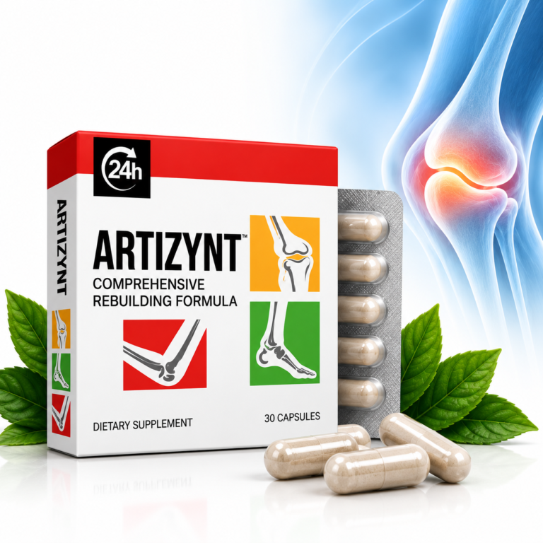 ArtiZynt Nahrungsergänzungsmittel mit Produktverpackung, Kapseln und Gelenkdarstellung