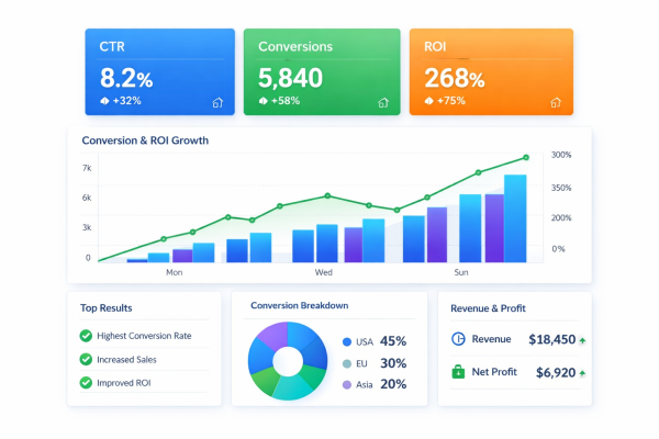 Winning campaign dashboard with bright charts showing CTR, conversions, and ROI growth.