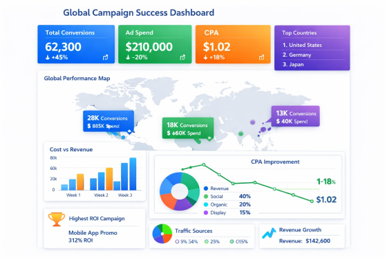Global campaign success dashboard with light background showing conversions, ad spend, CPA, and top countries.
