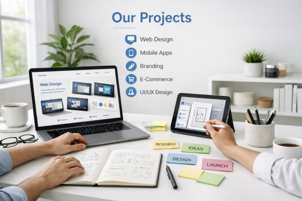 Bright international creative workspace with laptops, tablets, sketches, and sticky notes under “Our Projects