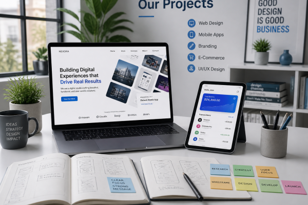 Portfolio showcase displaying multiple completed projects including website designs, mobile apps, and creative concepts on a modern workspace